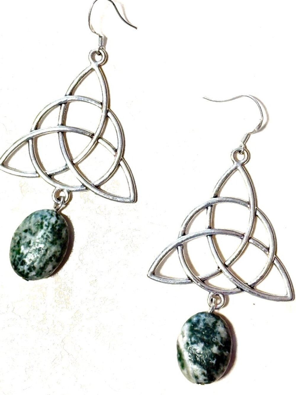 2/$20, Green Tree Agate Celtic Trinity Earrings, Gemstone & Sterling Silver Hook